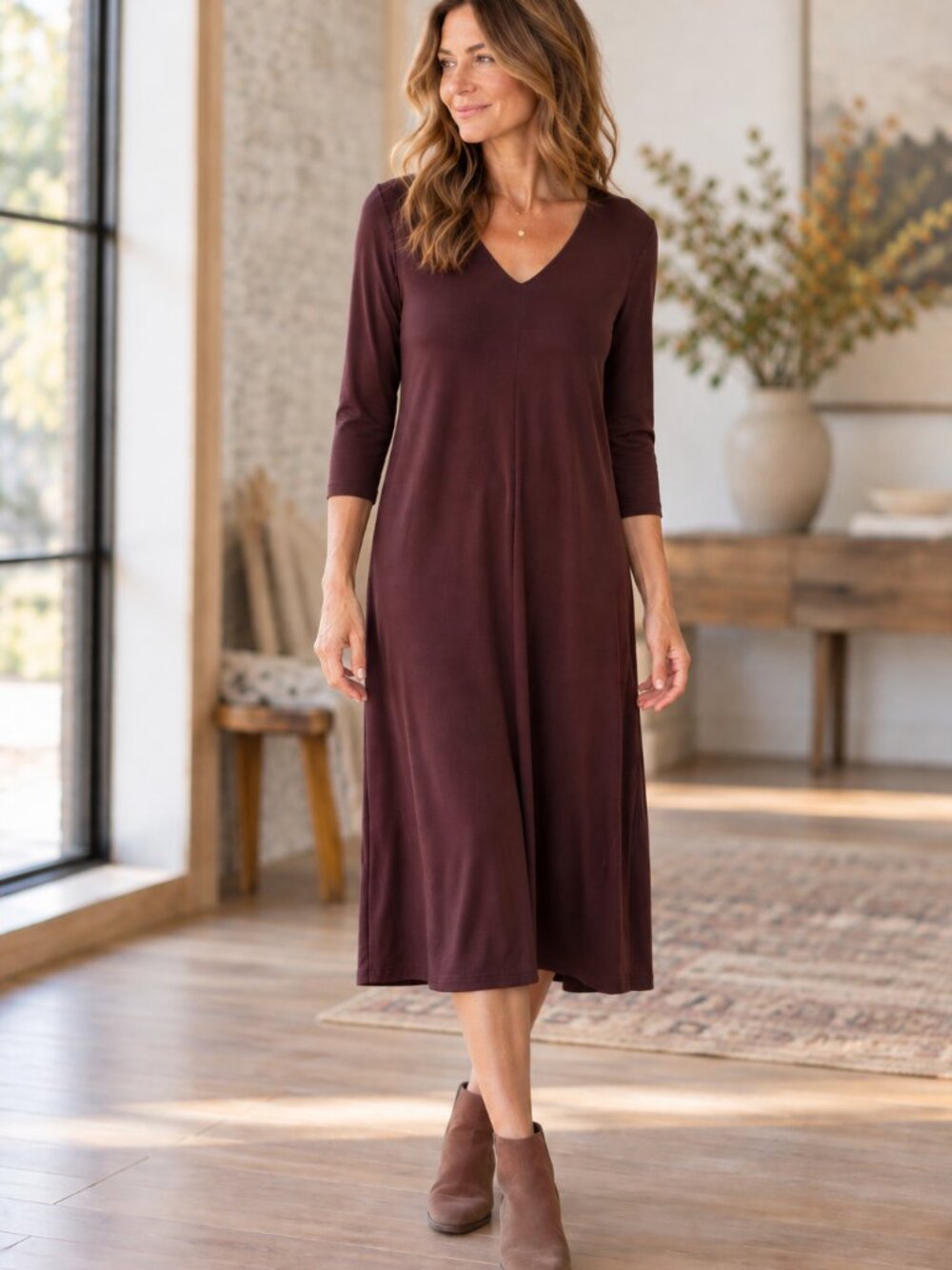 Eileen Fisher Jersey Midi Dress Viscose V Neck Quiet Luxury Brown Size Small